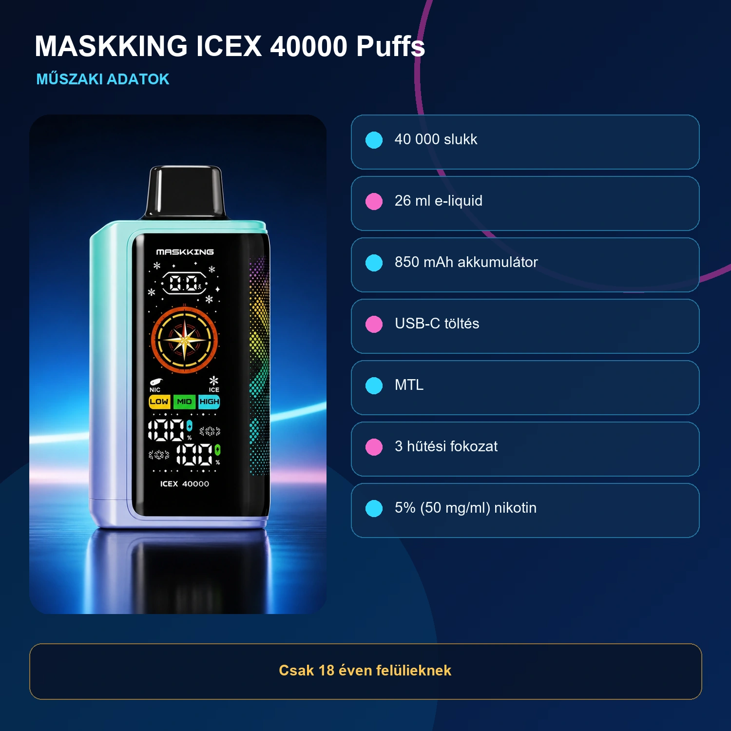 MASKKING ICEX 40000 Slukkos Eldobható E-cigaretta