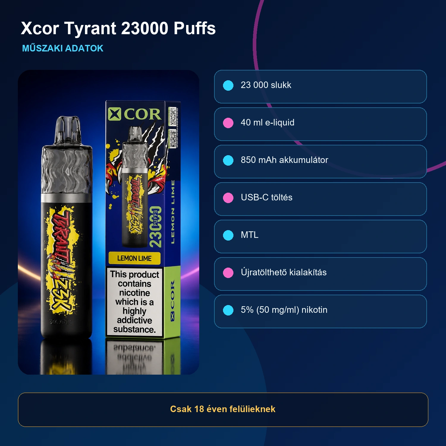 Xcor Tyrant 23000 Slukkos Eldobható E-cigaretta